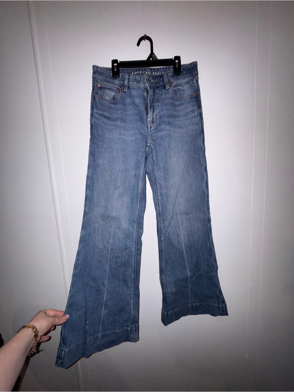 American Eagle Outfitters Women's Light Blue Stretchy Wide Leg Jeans